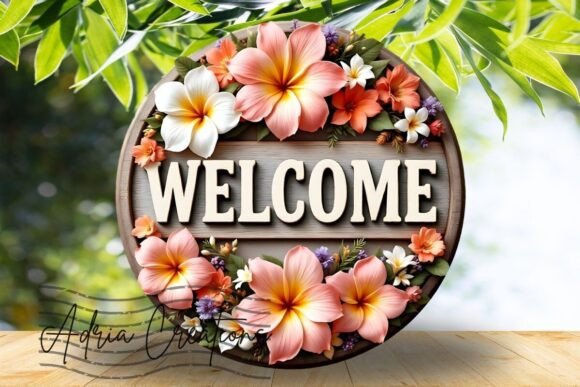 3D Plumeria Welcome Sign PNG: A Vibrant Graphic for Crafts and Branding Projects