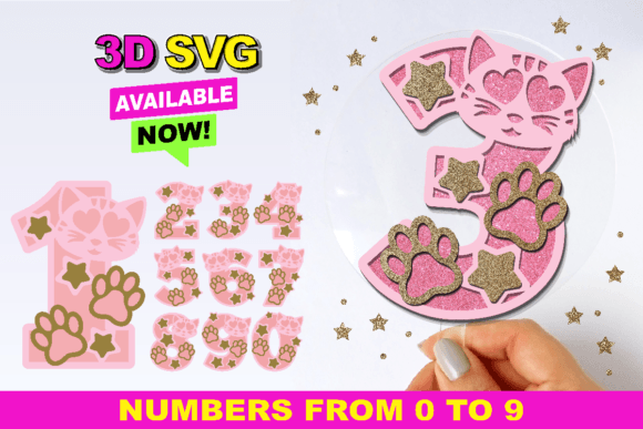 Cute Cat Numbers 3D SVG: A Playful Laser Cutting Asset for Birthday Branding
