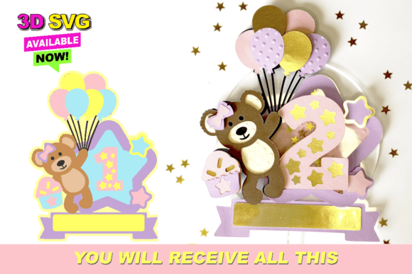 Teddy Bear Cake Topper 3D SVG for Laser Cutting and Creative Marketplaces